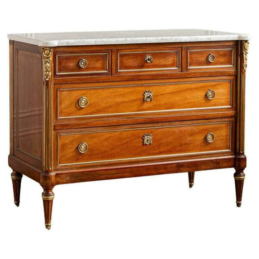 Circa 1900 french louis xvi style solid walnut drawers with marble top – A rare vintage treasure