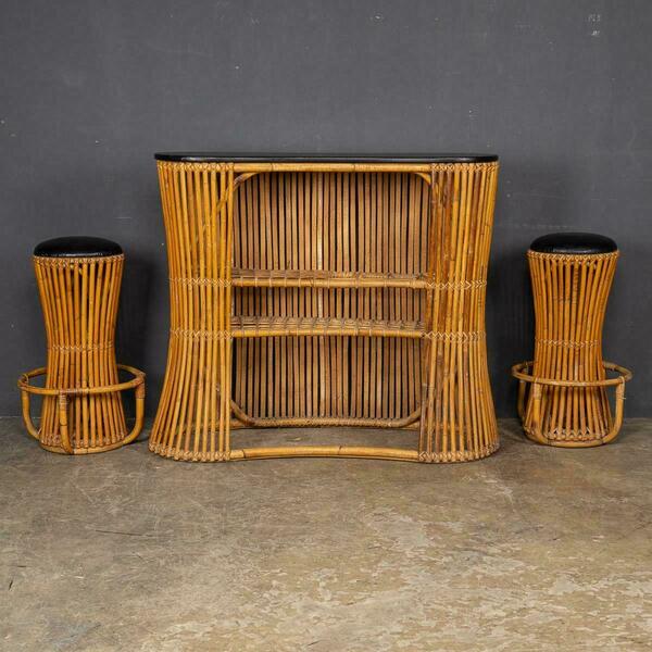 20th century italian standing bamboo dry bar & stools, c.1960 – A rare vintage treasure